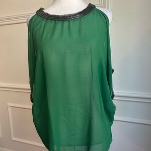 Rock&roll Cowgirl Green Chiffon Women's Top with Chain Embellishments, Sz L